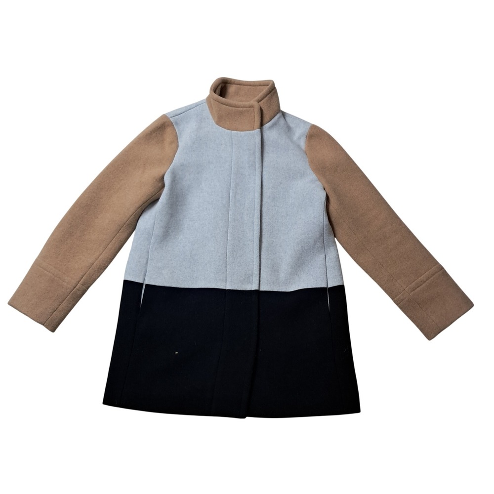 J. Crew Colorblock City Coat Womens 10 Grey Tan Black Wool Blend Funnel Neck